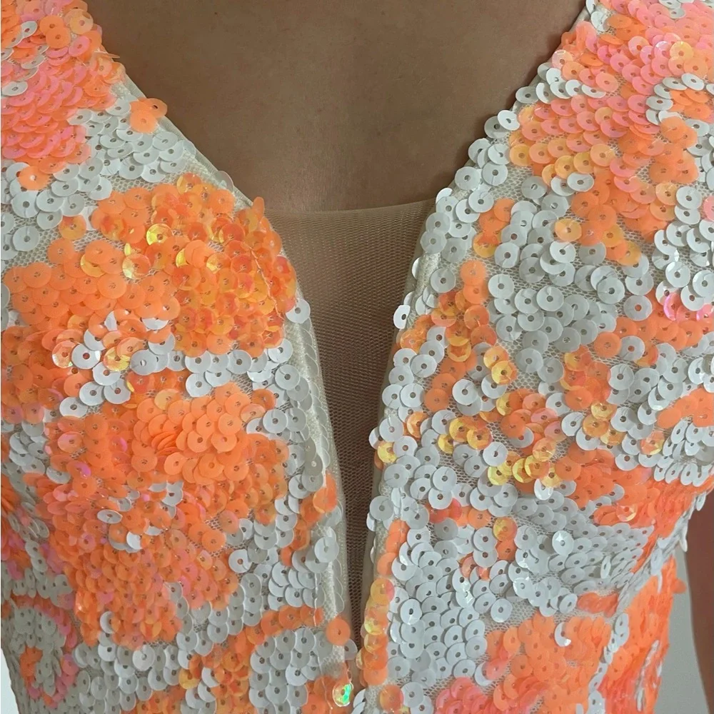 Jovani Coral & White Sequin Floral Prom Dress style 08257 - Picture 4 of 15